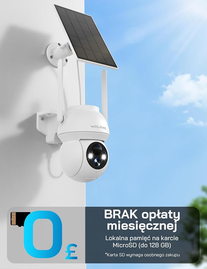 WOLFANG Solarna kamera bezpieczeństwa 1080P na zewnątrz, kamera WiFi PTZ 360° (tylko 2,4 G), wykrywanie ruchu PIR, noktowizor, dwukierunkowy dźwięk, IP65, współpracuje z Alexa i Google Home, bez - obrazek 2