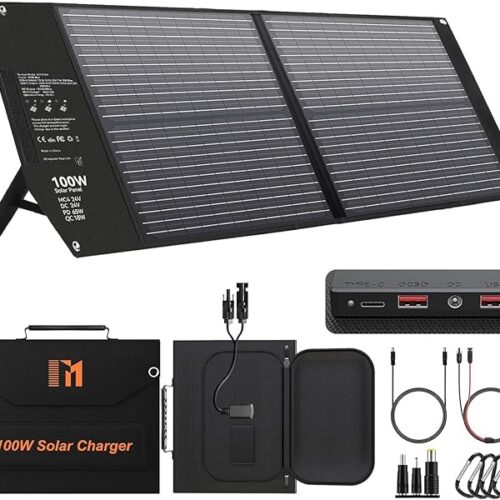 Panel słoneczny 100 W, składany, z 5 przyłączami, 24 V MC4 wyższa moc/24 V DC/QC 3.0 USB-A i USB-C (PD65W) ładowarka solarna | Składana ładowarka słoneczna USB-A, USB-C do elektrowni, generatora, kempingu, przyczepy kempingowej, życia poza siecią