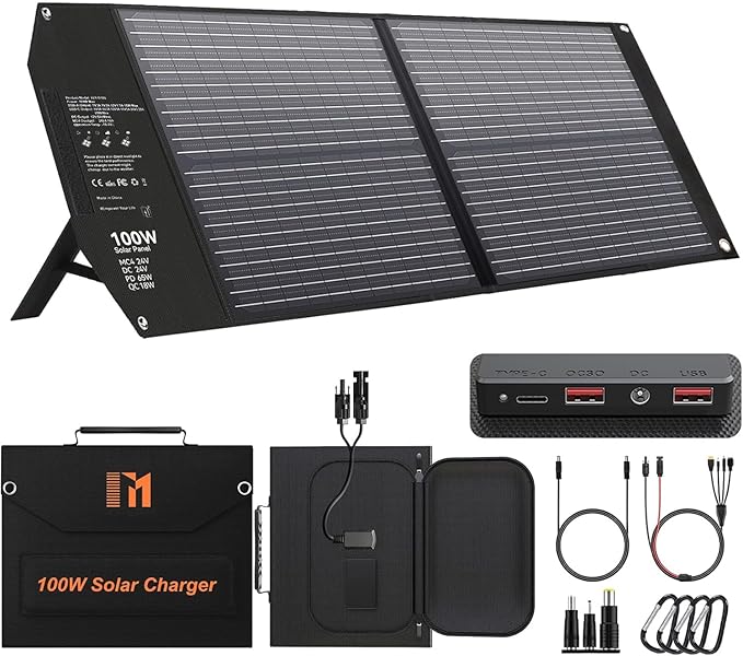Panel słoneczny 100 W, składany, z 5 przyłączami, 24 V MC4 wyższa moc/24 V DC/QC 3.0 USB-A i USB-C (PD65W) ładowarka solarna | Składana ładowarka słoneczna USB-A, USB-C do elektrowni, generatora, kempingu, przyczepy kempingowej, życia poza siecią