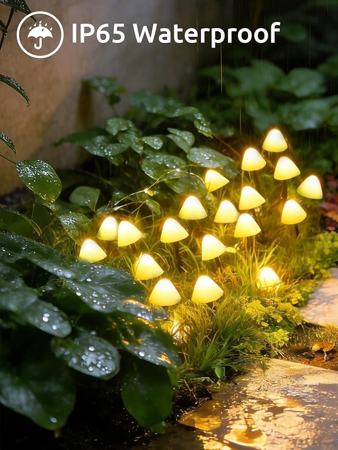 Joycome Ozdoby ogrodowe, zasilane energią słoneczną, 5 m, 20 diod LED, grzyb, wodoodporne, dekoracyjne lampki ogrodowe, na ścieżkę, krajobraz, ogrodzenie, trawnik, dekoracje halloweenowe (ciepła biel) - obrazek 6