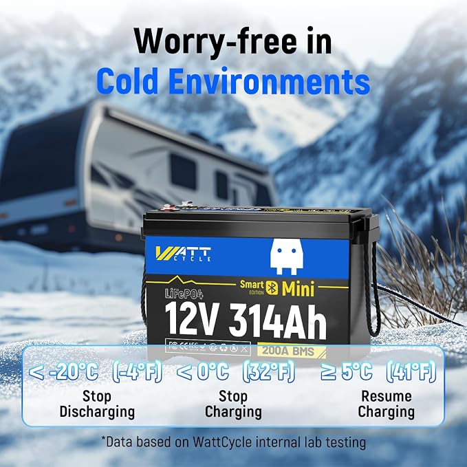 Wattcycle 12V 314Ah Mini LiFePO4 Akumulator Litowy z Bluetooth, BMS 200A, Energia 4,01 kWh, Ulepszone Aluminiowe Żebra Chłodzące i Plecione Przewody Miedziane, Do Kamperów i Łodzi - obrazek 6