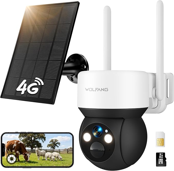 WOLFANG Kamera Łowiecka 4G LTE Solarna, Kamera Przyrodnicza 2K Live View, PTZ 355°/90°, Noktowizor, PIR, IP66, Kamera Bezpieczeństwa do Obserwacji Zwierząt