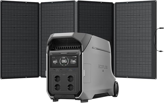 EcoFlow DELTA Pro 3 przenośna stacja zasilania z panelem słonecznym 400 W, akumulator LFP 4096 Wh, możliwość rozbudowy do 12 kWh, moc wyjściowa AC 4000 W