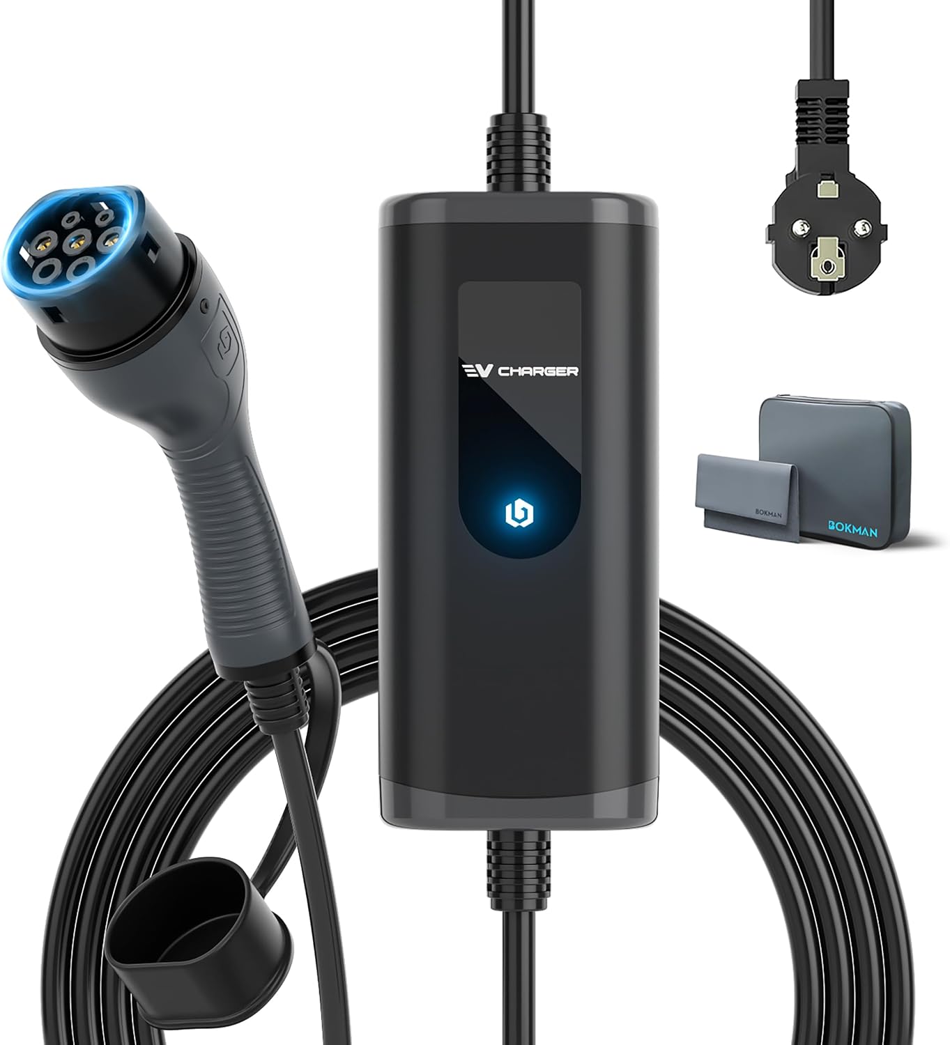 bokman Elektryczna ładowarka samochodowa typu 2-3,7kW Przenośna EVSE | 5M, 16A, Plug and Play, TÜV, IP65 Wallbox, złącze typu 2 (IP55), RCD typ A + 6mA DC - obrazek 2