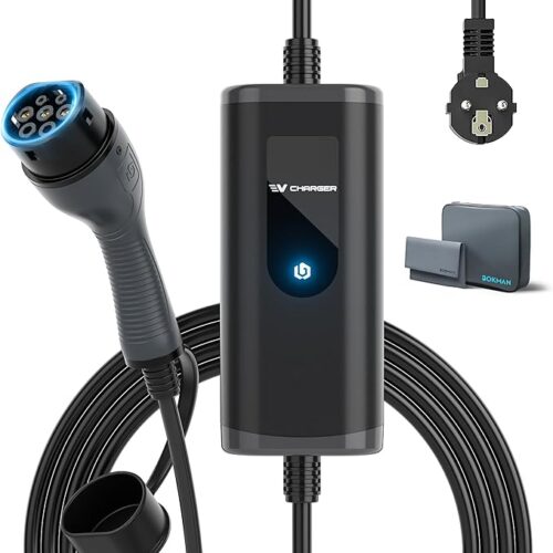 bokman Elektryczna ładowarka samochodowa typu 2-3,7kW Przenośna EVSE | 5M, 16A, Plug and Play, TÜV, IP65 Wallbox, złącze typu 2 (IP55), RCD typ A + 6mA DC