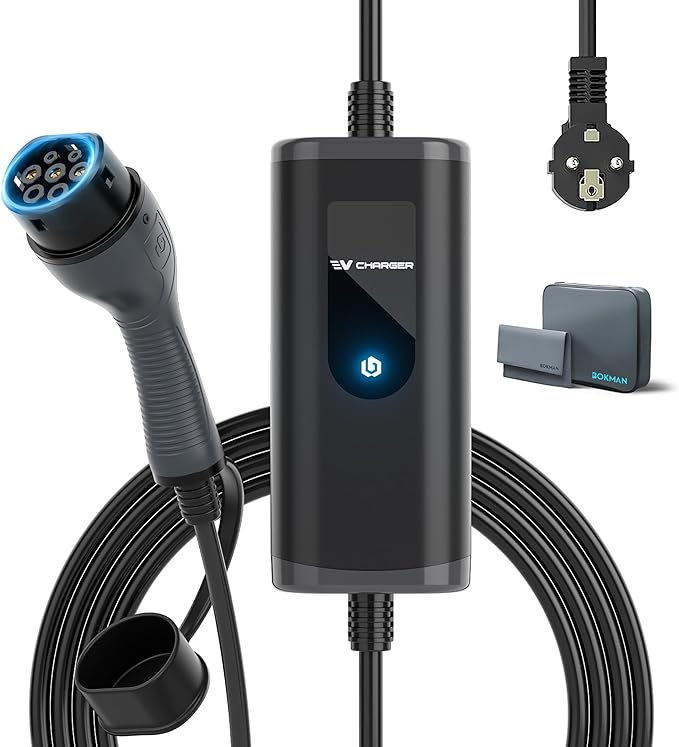 bokman Elektryczna ładowarka samochodowa typu 2-3,7kW Przenośna EVSE | 5M, 16A, Plug and Play, TÜV, IP65 Wallbox, złącze typu 2 (IP55), RCD typ A + 6mA DC