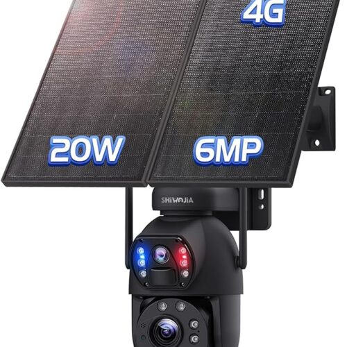 SHIWOJIA Zewnętrzna kamera 6 MP z dwoma obiektywami, 4G LTE Solar Surveillance Camera z 20 W panelem słonecznym 20 000 mAh, 20 x zoom noktowizor kolor, IP66