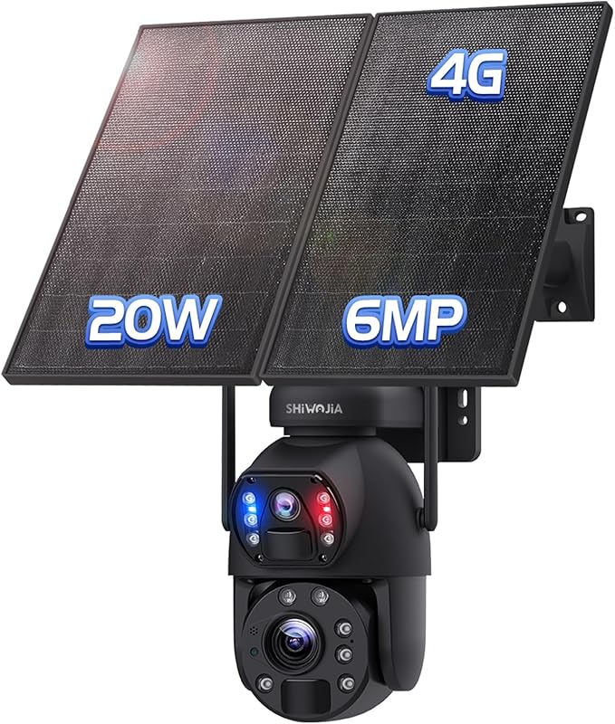 SHIWOJIA Zewnętrzna kamera 6 MP z dwoma obiektywami, 4G LTE Solar Surveillance Camera z 20 W panelem słonecznym 20 000 mAh, 20 x zoom noktowizor kolor, IP66