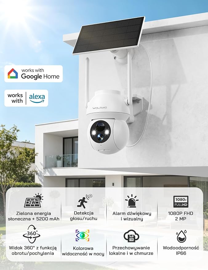 WOLFANG Solarna kamera bezpieczeństwa 1080P na zewnątrz, kamera WiFi PTZ 360° (tylko 2,4 G), wykrywanie ruchu PIR, noktowizor, dwukierunkowy dźwięk, IP65, współpracuje z Alexa i Google Home, bez - obrazek 3