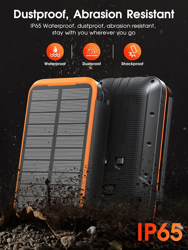 Solarna bateria zewnętrzna 20 000 mAh z 4 panelami słonecznymi, wodoodporna bateria zewnętrzna z 3 kablami i 3 latarkami LED do smartfonów, tabletów, kempingów (pomarańczowa) - obrazek 6