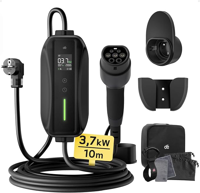 dé Ładowarka do Samochodu Elektrycznego typu 2 Schuko 3,7kW [1-fazowy, 10m, 6-16A], Ładowarki EV ze Sterowanym Wyświetlaczem Cyfrowym do Samochodów Elektrycznych, do E-208 i Innych BEV/PHEV