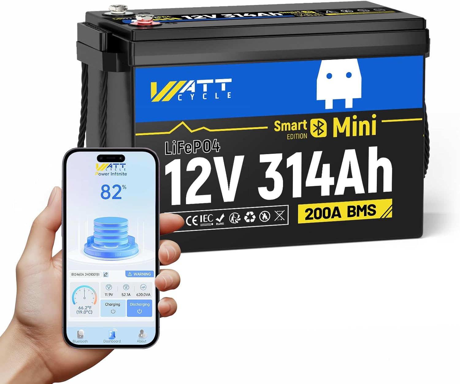 Wattcycle 12V 314Ah Mini LiFePO4 Akumulator Litowy z Bluetooth, BMS 200A, Energia 4,01 kWh, Ulepszone Aluminiowe Żebra Chłodzące i Plecione Przewody Miedziane, Do Kamperów i Łodzi - obrazek 2