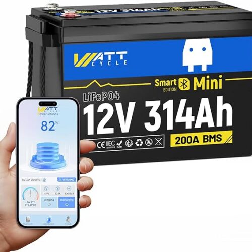 Wattcycle 12V 314Ah Mini LiFePO4 Akumulator Litowy z Bluetooth, BMS 200A, Energia 4,01 kWh, Ulepszone Aluminiowe Żebra Chłodzące i Plecione Przewody Miedziane, Do Kamperów i Łodzi