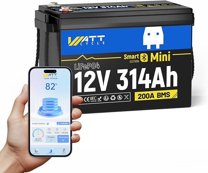 Wattcycle 12V 314Ah Mini LiFePO4 Akumulator Litowy z Bluetooth, BMS 200A, Energia 4,01 kWh, Ulepszone Aluminiowe Żebra Chłodzące i Plecione Przewody Miedziane, Do Kamperów i Łodzi