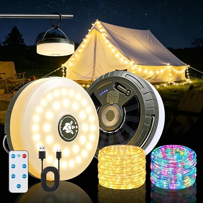 Philorn Solarny łańcuch świetlny kempingowy, zwijany, 5 w 1, ładowanie przez USB, łańcuch świetlny LED, 5 trybów oświetlenia, wodoszczelna lampa kempingowa, latarka do namiotu, na kemping, wędrówki