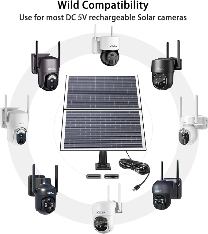 Xega Panel słoneczny 20 W do kamery monitorującej baterię, zewnętrzny interfejs typu C do solarnej kamery IP (kabel 3 metrowy), czarny - obrazek 2