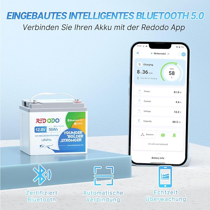 Redodo Akumulator LiFePO4 12 V 50 Ah Bluetooth do silników trollingowych, z ochroną przed niską temperaturą 50 A BMS, akumulator litowy 640 Wh, idealny do kamperów, łodzi, na kemping, 10 lat - obrazek 4