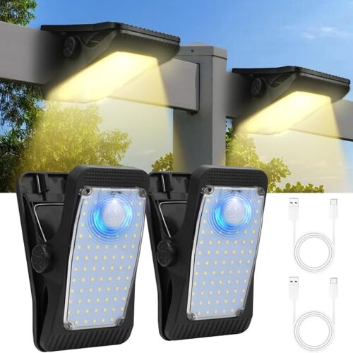 HOTUT Lampy Solarne na Zewnątrz z Czujnikiem Ruchu IP65 (2 szt.) - 73 LED Clip-on do Tarasu z Ładowaniem USB