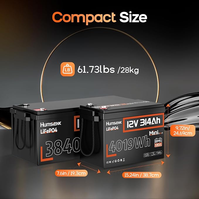 Akumulator litowy HumsiENK 12 V 300 Ah (314 Ah) LiFePO4, miniaturowy rozmiar, 200 A BMS z Bluetooth, 15 000+ głębokich cykli ładowania, 4019 Wh energii do zastosowań w pojazdach rekreacyjnych 4P - obrazek 2