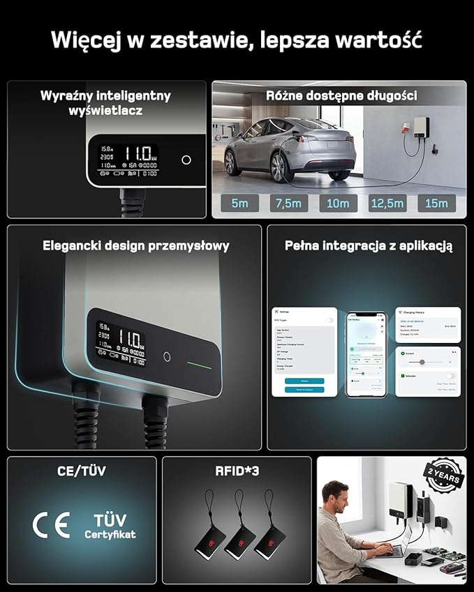 dé Skrzynka ścienna typu 2, 11 kW, z aplikacją i RFID, 6-16 A, 3-fazowa ładowarka EV, 400 V z kablem do ładowania 5 m i uchwytem na kabel do ochrony BEV/PHEV, RCD typu B i IP54, wydajna stacja - obrazek 3