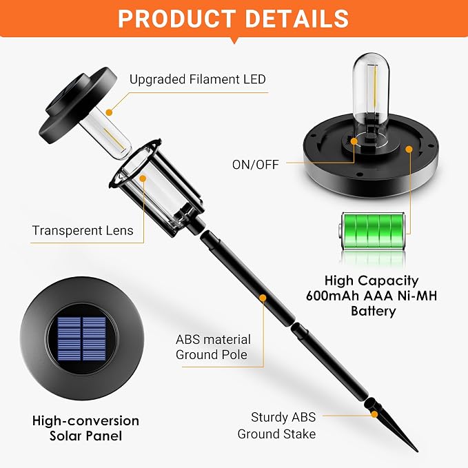 Solpex Lampy solarne na zewnątrz, oświetlenie ścieżki ogrodowej, wodoodporne, zasilane energią słoneczną, do ogrodu, na taras, teren, chodnik, ciepła biel, 6 szt. - obrazek 6