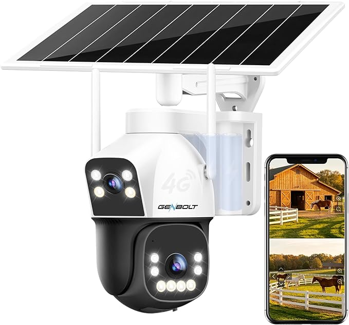 GENBOLT 4G AOV Kamera Zewnętrzna Solarna z kartą SIM 15600mAh | Nagrywanie 24/7,3MP*2,Brak Wi-Fi,Łatwe do zainstalowania,Wykrywanie AI,Podwójny obiektyw,Automatyczne śledzenie,Chmura