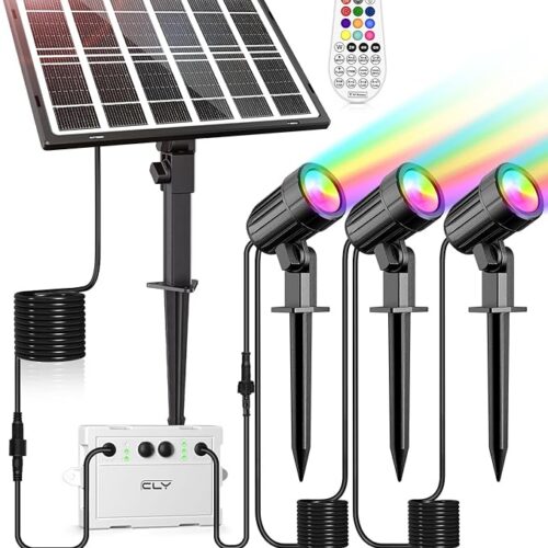 CLY Reflektor Solarny RGB Lampa Solarna RGB Z Pilotem IP66 Reflektor LED | 10 Kolorów 6 Jasności 30 Trybów Dynamicznych Ściemnialny Reflektor Funkcja Pamięci Timera Funkcja Zmiany Koloru 3 W 1