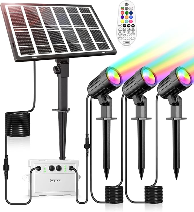 CLY Reflektor Solarny RGB Lampa Solarna RGB Z Pilotem IP66 Reflektor LED | 10 Kolorów 6 Jasności 30 Trybów Dynamicznych Ściemnialny Reflektor Funkcja Pamięci Timera Funkcja Zmiany Koloru 3 W 1