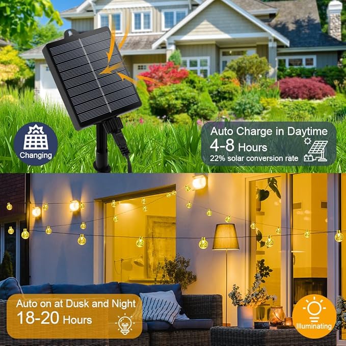 AUAUY Lampy łańcuchowe solarne, 11 m/36 stóp, 60 diod LED, świetlne kule, 8 trybów, wodoodporne, migoczące światła solarne na zewnątrz, do ogrodu, taras, altanki, balkon, wesele, ozdoby na Boże - obrazek 4