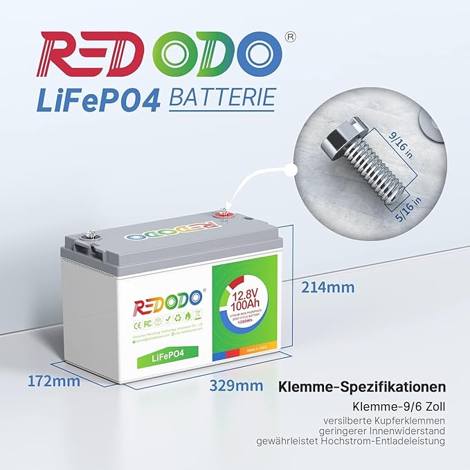 Redodo Bateria litowa12V 100Ah LiFePO4 z BMS 100A, 4000+ razy przy 100% DOD Baterie litowe 12V do kamperów, kempingów, systemów paneli słonecznych, poza siecią, morskich, silników trollingowych - obrazek 2