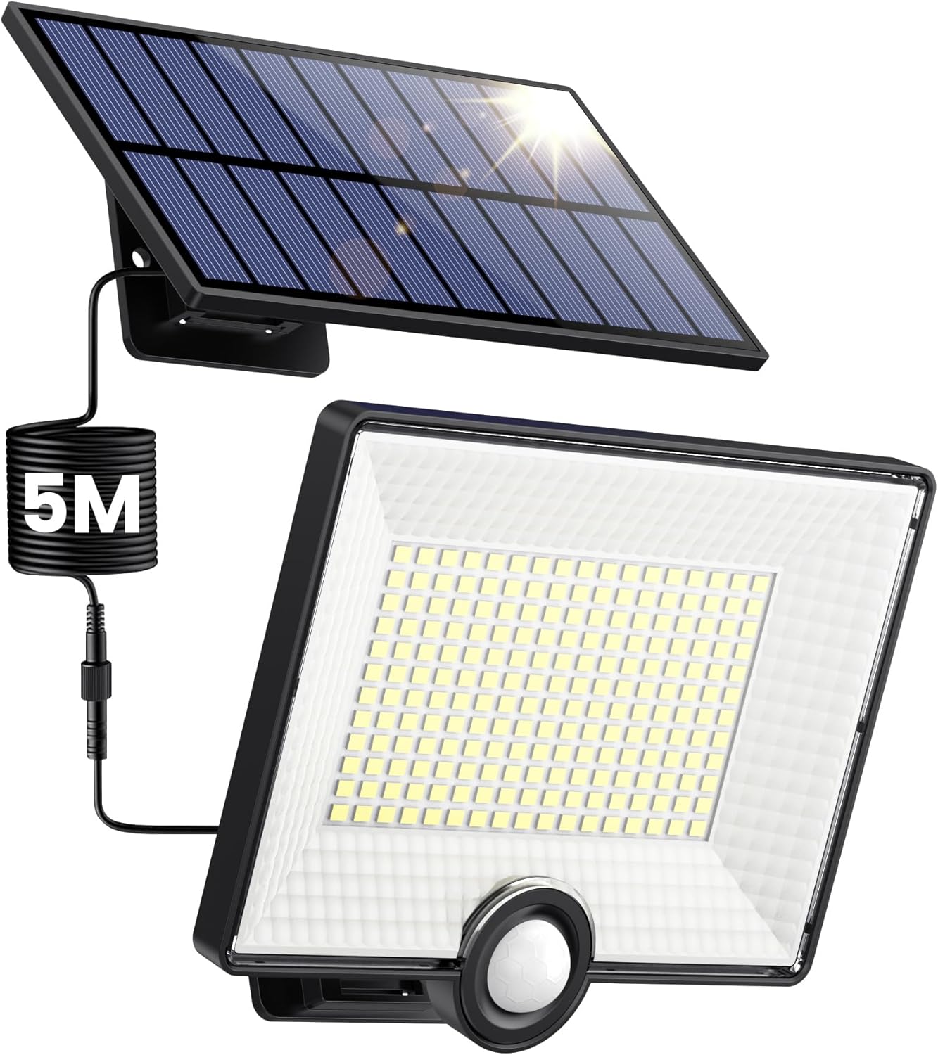 Pxwaxpy Zewnętrzna lampa solarna z czujnikiem ruchu, 3 tryby, 204 diody Led, 2000 lm, wodoszczelna lampa słoneczna, IP65, solarne oświetlenie zewnętrzne, reflektor Led z kablem 5 m, do ogrodu, garażu - obrazek 2