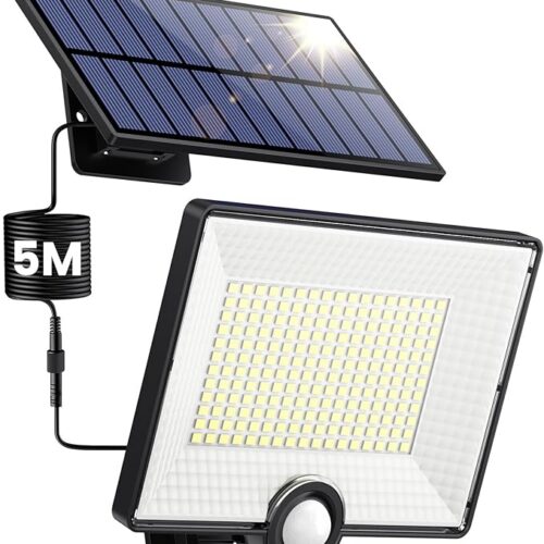 Pxwaxpy Zewnętrzna lampa solarna z czujnikiem ruchu, 3 tryby, 204 diody Led, 2000 lm, wodoszczelna lampa słoneczna, IP65, solarne oświetlenie zewnętrzne, reflektor Led z kablem 5 m, do ogrodu, garażu