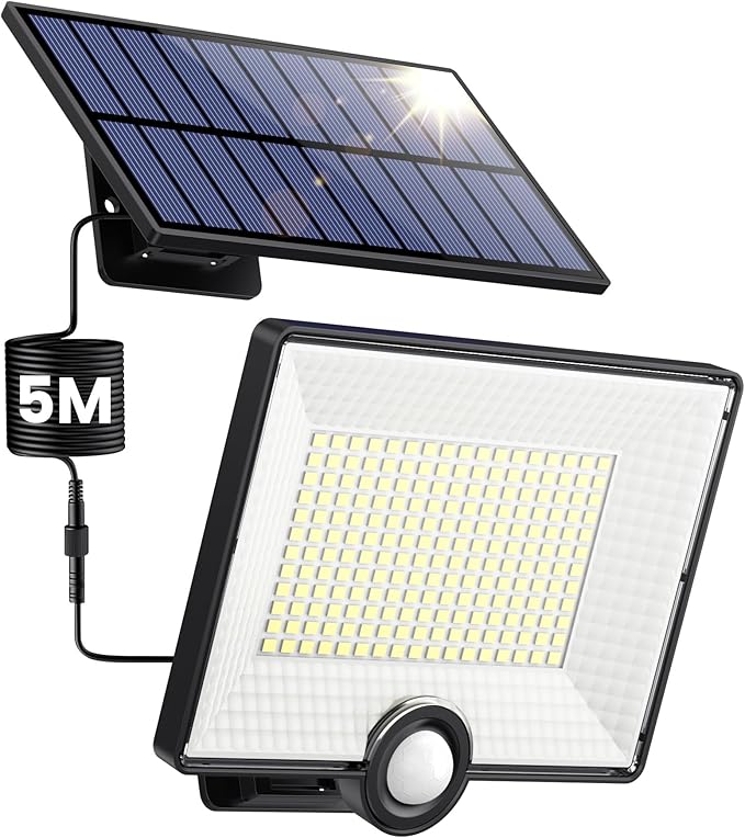 Pxwaxpy Zewnętrzna lampa solarna z czujnikiem ruchu, 3 tryby, 204 diody Led, 2000 lm, wodoszczelna lampa słoneczna, IP65, solarne oświetlenie zewnętrzne, reflektor Led z kablem 5 m, do ogrodu, garażu