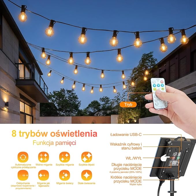 Quntis Girlanda Solarna 19M/61ft | 25+2 Żarówek LED | 8 Trybów Jasności, IP44 Odporna, Z Minutnikiem - Ciepły Biały - obrazek 3
