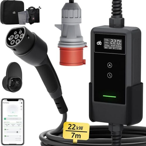 dé Ładowarka Mobilna 22kW, z Aplikacją [3-Fazowa, 7m, 6-32A] z Licznikiem Prądu, Kablem do Ładowania CEE 32A na Typu 2 i Ładowarką EV do modeli Y, E-208, 500e i innych EV/PHEV