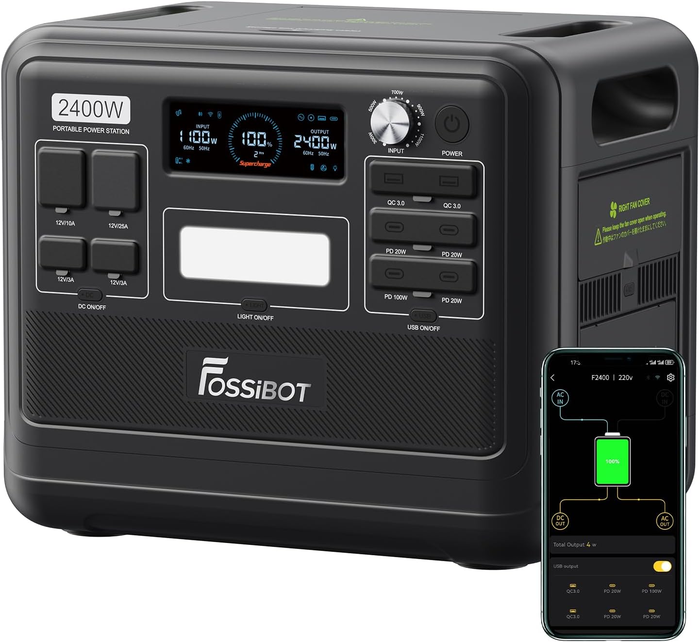 FOSSIBOT-Polska F2400 VAT 23% Power station 2400 W, 2048 Wh LiFePO4 przenośny generator solarny 3 × 230 V AC gniazdko (4800 W Peak), mobilne zasilanie do samochodów kempingowych, generator solarny - obrazek 2