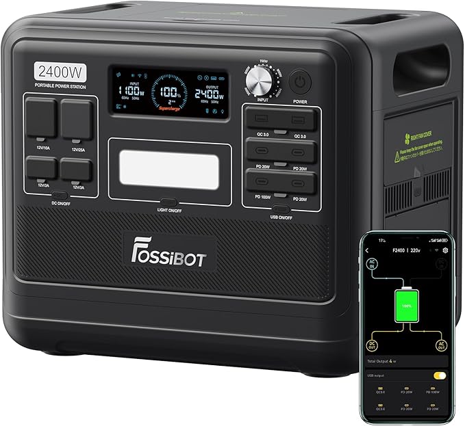 FOSSIBOT-Polska F2400 VAT 23% Power station 2400 W, 2048 Wh LiFePO4 przenośny generator solarny 3 × 230 V AC gniazdko (4800 W Peak), mobilne zasilanie do samochodów kempingowych, generator solarny