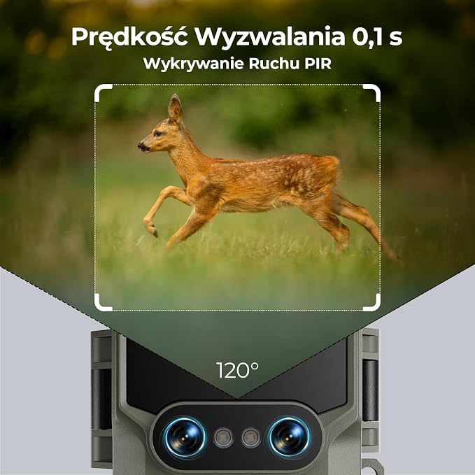 WOLFANG Kamera myśliwska Wildlife Camera, 64MP 4K z podwójnym obiektywem, zasilana energią słoneczną, z funkcją noktowizji Starlight 120°, aktywowana ruchem, IP66, wodoodporna, wyzwalana 0,1 s - obrazek 5