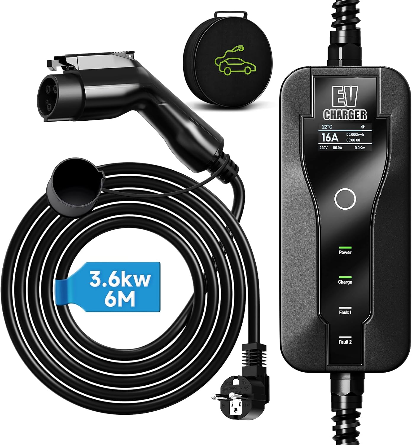 6M Elektryczna Ładowarka Samochodowa EV Typu 1, Przenośna, Zmienny Prąd 8-16A, Sterowany Wyświetlacz Cyfrowy, Czarny (SAE J1772) - obrazek 2