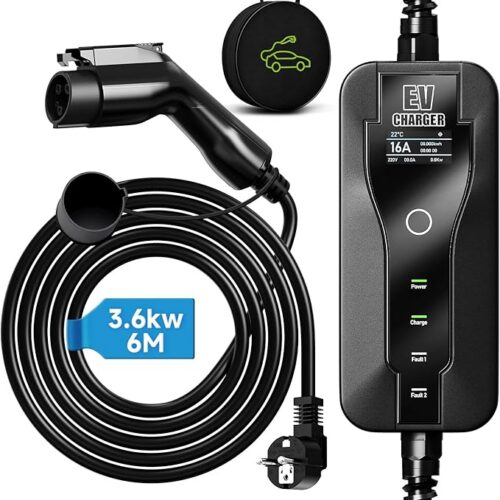 6M Elektryczna Ładowarka Samochodowa EV Typu 1, Przenośna, Zmienny Prąd 8-16A, Sterowany Wyświetlacz Cyfrowy, Czarny (SAE J1772)
