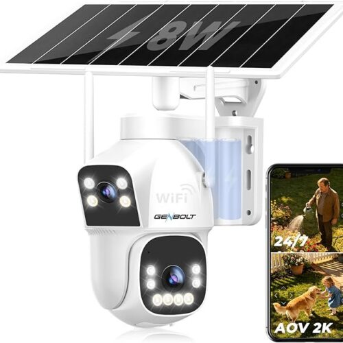 GENBOLT AOV WiFi Kamera Zewnętrzna Solarna 15600mAh Bateria | 2.5K HD, 2.4&5 GHz WiFi, Nagrywanie 24/7, Podwójny widok, wykrywaniem AI 90FT, Automatyczne śledzenie