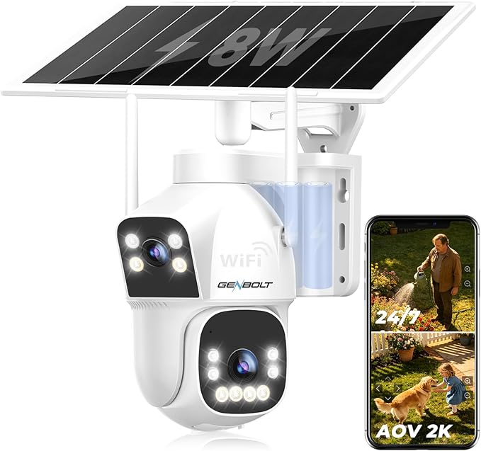 GENBOLT AOV WiFi Kamera Zewnętrzna Solarna 15600mAh Bateria | 2.5K HD, 2.4&5 GHz WiFi, Nagrywanie 24/7, Podwójny widok, wykrywaniem AI 90FT, Automatyczne śledzenie