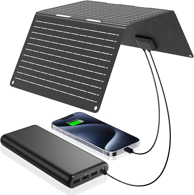 Ecosonique składany panel słoneczny 30 W, wodoszczelność IP67, ładowarka solarna USB-A USB-C do telefonu komórkowego, stacja zasilająca, na kemping z plecakiem, kompatybilna z telefonami komórkowymi