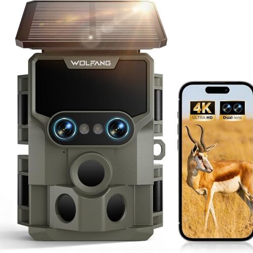 WOLFANG Kamera myśliwska Wildlife Camera, 64MP 4K z podwójnym obiektywem, zasilana energią słoneczną, z funkcją noktowizji Starlight 120°, aktywowana ruchem, IP66, wodoodporna, wyzwalana 0,1 s