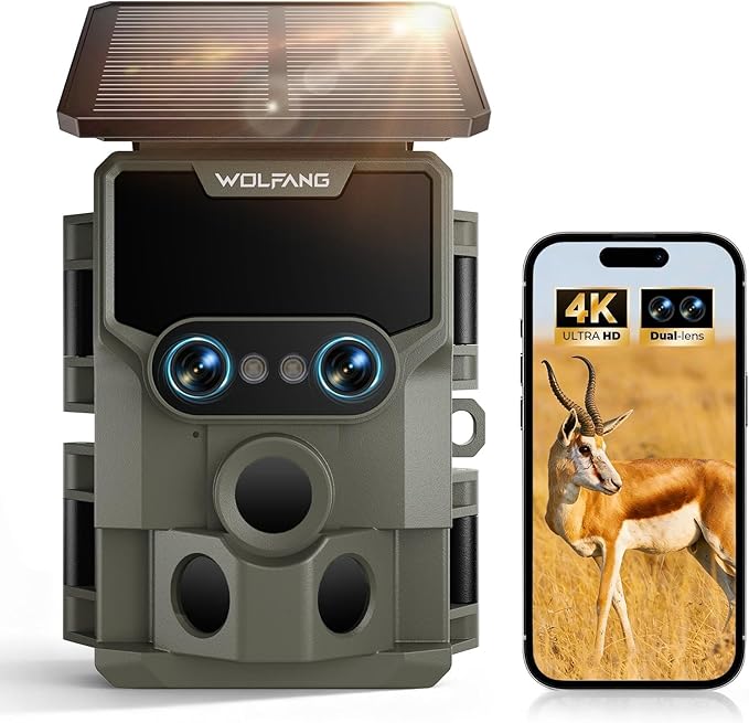 WOLFANG Kamera myśliwska Wildlife Camera, 64MP 4K z podwójnym obiektywem, zasilana energią słoneczną, z funkcją noktowizji Starlight 120°, aktywowana ruchem, IP66, wodoodporna, wyzwalana 0,1 s