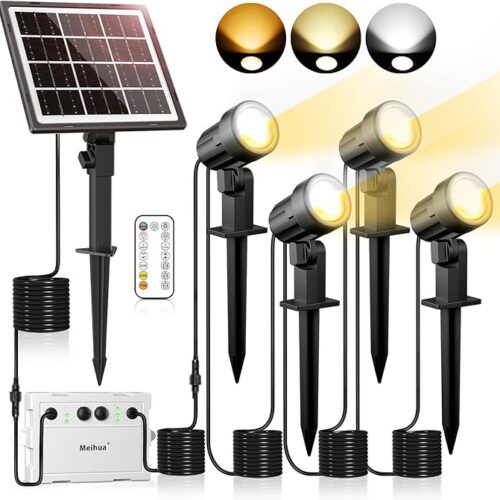 MEIHUA Reflektory Słoneczne Ogrodowe Z Pilotem 4 Sztuki 2700K 4000K 6000K | 3 Jasność 2 Tryby Dynamiczne Timer IP66 Wodoodporna Słoneczna Lampa Ogrodowa Do Ścieżki Ogrodowej Na Patio Drzewo