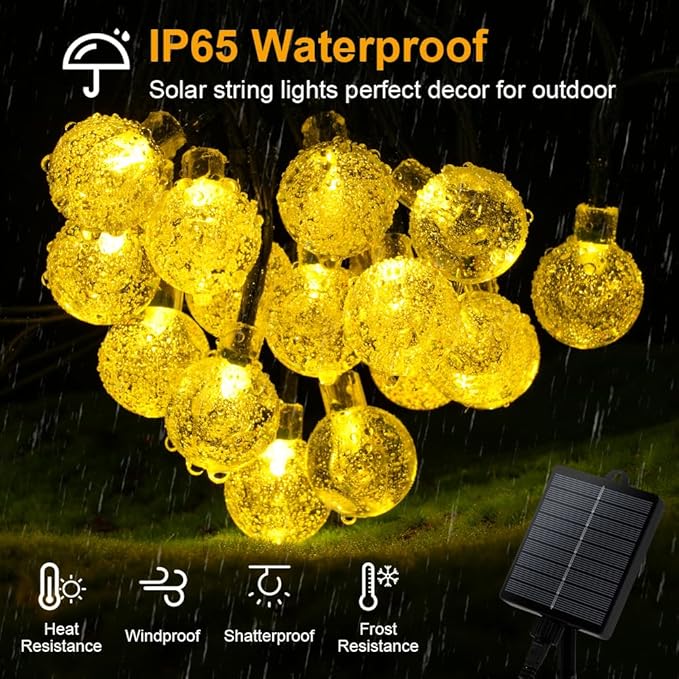 AUAUY Lampy łańcuchowe solarne, 11 m/36 stóp, 60 diod LED, świetlne kule, 8 trybów, wodoodporne, migoczące światła solarne na zewnątrz, do ogrodu, taras, altanki, balkon, wesele, ozdoby na Boże - obrazek 3