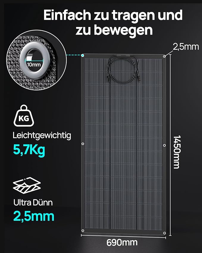 ECO-WORTHY Elastyczny panel słoneczny 200 W, materiał ETFE 18 BB, ogniwo mono, 25% wysoka konwersja, na balkon, do przyczepy kempingowej, łodzi, dachu, na kemping, do domu, jachtu, nierównych - obrazek 3