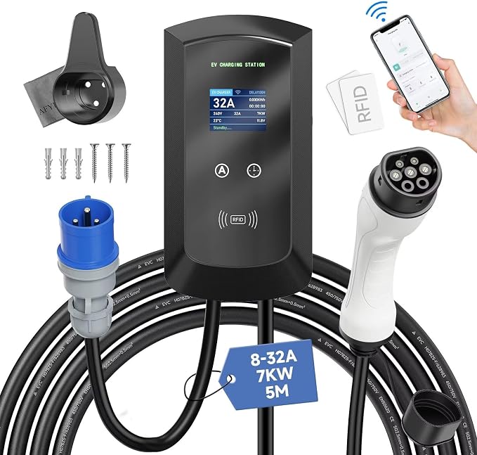 7kW stacja ładująca do pojazdów elektrycznych 8-32 A, jednofazowa, ładowarka EV typ 2 do samochodu elektrycznego sterowania aplikacją i kartą RFID, ładowarka EV z kablem 5M, IEC 62196-2
