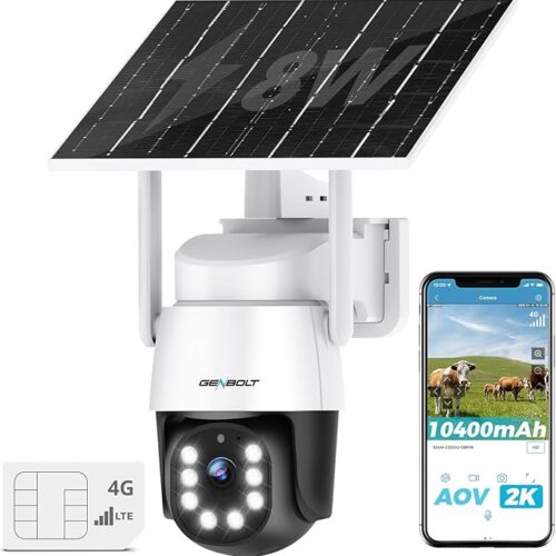 GENBOLT 4G LTE AOV Kamera Bezpieczeństwa Solarna Zewnętrzna Bezprzewodowa | Nagrywanie Ciągłe 24/7,Kamera Monitoringu CCTV IP 3MP z Kartą SIM,Detekcja Człowieka AI 90FT,Zasilanie Bateryjne 8W 10400 mAh